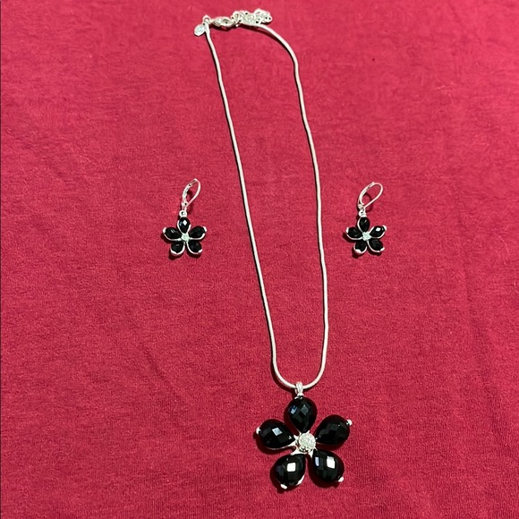 Elegant Black Flower Necklace and Earring Set - Picture 1 of 3